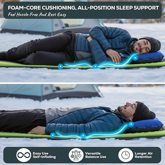 Gear Doctors® Oxylus 4.3 R-Value Insulated Foam Self Inflating Sleeping Pad Camping — Sleeping Pad Backpacking Air Mattress—Camping Mattress Self Inflating Camp Mat 4 Seasons Sleep Mat—Camp/Floor/Tent