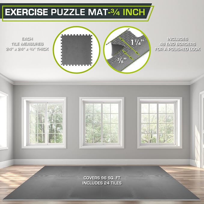 ProsourceFit Weaved Pattern Extra Thick Exercise Puzzle Mat ¾-inch, EVA Foam Interlocking Tiles for Protective, Cushioned Flooring for Home and Gym Equipment; Grey, 96 SQ FT, 24 Tiles