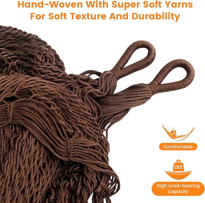 Lazy Daze Hammocks Handwoven XL Mayan Hammock, 10.5 FT Soft Rope Double Hammocks, Portable Outdoor Hammock with Carry Bag, 2 Straps & Carabiners for Patio Outside, 550 lbs Weight Capacity, Coffee