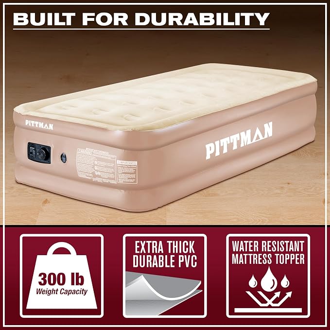 Pittman Outdoors Twin Air Mattress – 18” Tan Double High Design – Twin Size Mattress with Built-In Pump – Luxury Raised Sleeping Surface, 300lb Capacity, Quick Inflation, Ideal for Guest Bed & Travel