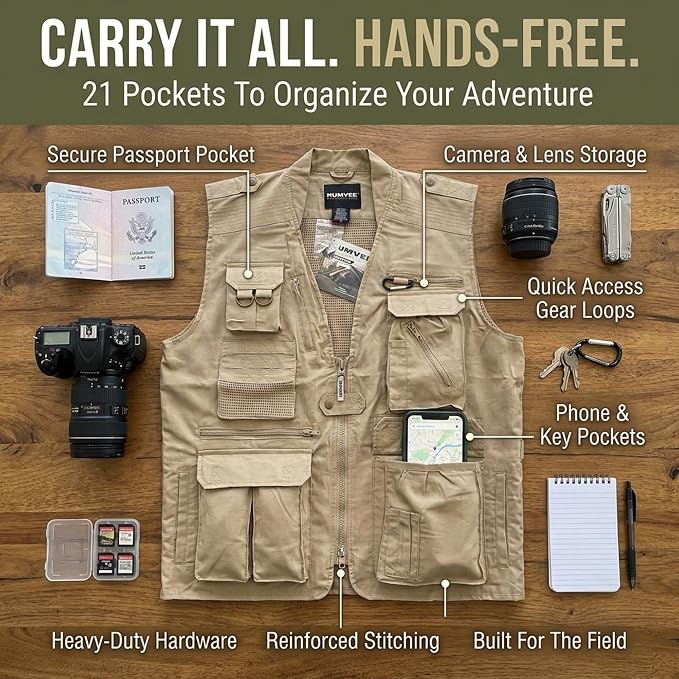 Humvee Utility Vest with 21 Pockets -Travel, Safari, Hunting, Camping, 100% Cotton, Tactical Jacket for Men & Women