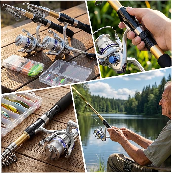 Fishing Pole Set Fishing Rod and Reel Combo,2PCS Collapsible Fishing Rod | 2.1M/6.89FT with 2PCS Spinning Reels 2 Set of Lures Baits and a Carrier Bag,Prefect for Fishing Travel
