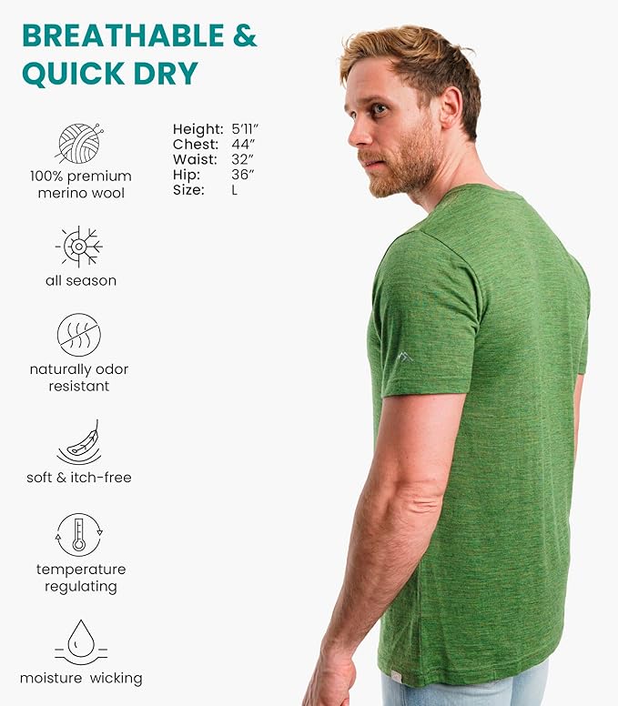 Merino Wool T-Shirt Mens - Merino Wool Undershirt Thermal Shirt for Men and Hiking Socks