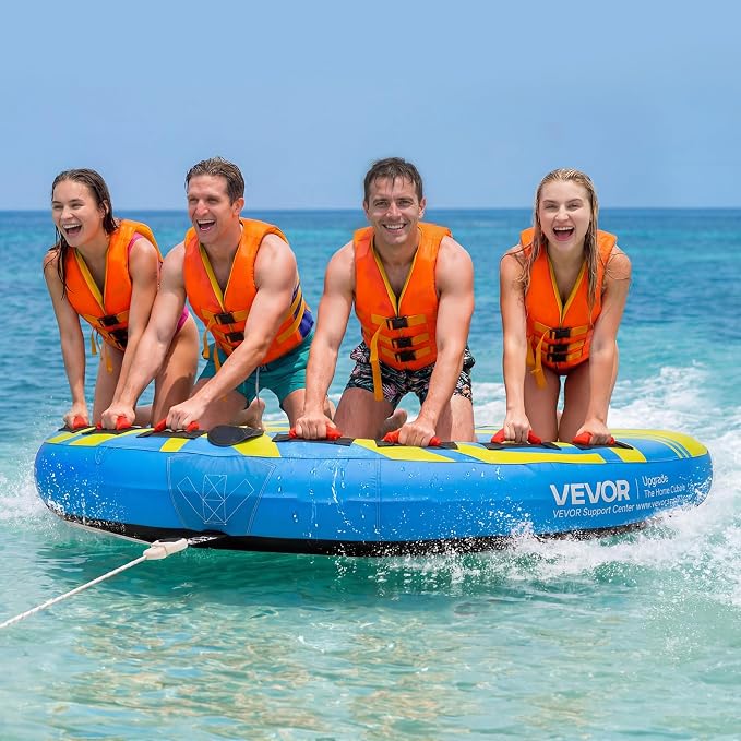VEVOR Towable Tubes for Boating, 1-4 Riders Inflatable Boat Tubes & Towables, 340-680 lbs Capacity, Multiple Sizes with Full Nylon Cover, Padded/EVA Handles, Fins & Safety Valve (Multi-Option)