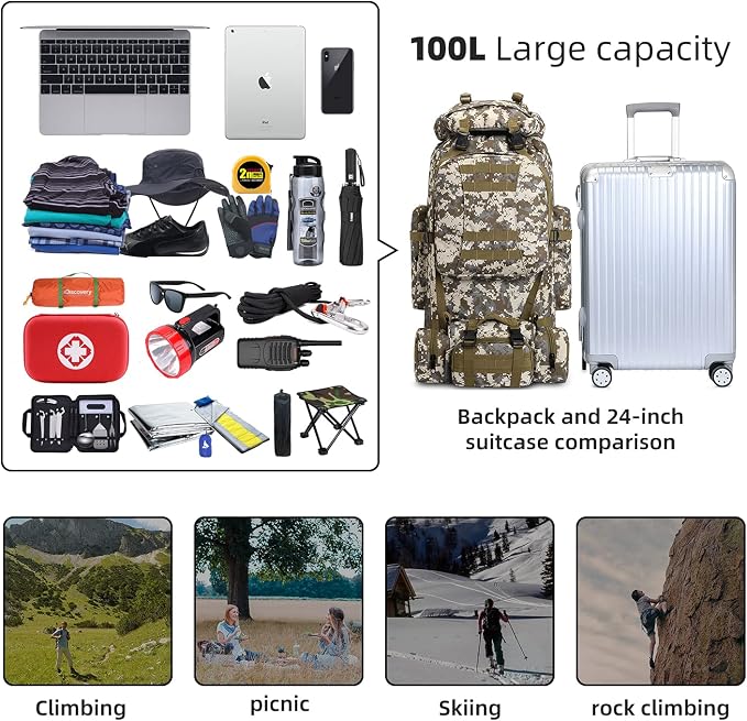 100L Camping Hiking Backpack,Molle military Tactical rucksack backpack,Waterproof Lightweight Hiking Backpack