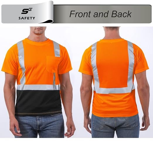 sesafety Hi Visibility Shirts for Men, Safety Shirts with Reflective Strips Class 2, Hi Vis Construction Work Shirt with Pocket Orange M