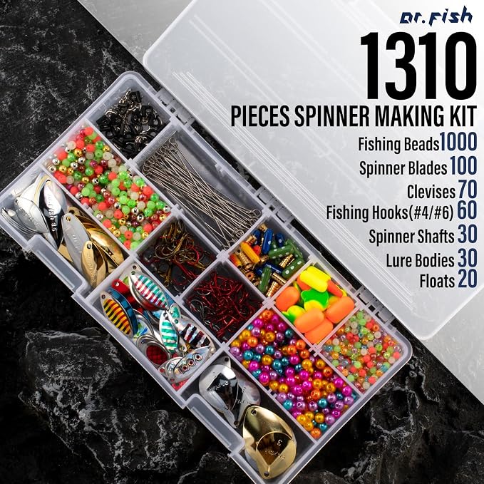 Dr.Fish 1310 Pieces Spinner Making Kit Lure Making Suppies Walleye Rig Spinner Blades Lure Bodies Floats Spinnerbait Shafts Accessories Freshwater Bass Materials