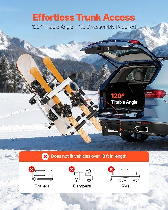 VEVOR Hitch Mounted Ski & Snowboard Rack, Fits 2-Inch Receiver, Carries up to 6 Pairs of Skis or 4 Snowboards, Hitch-Mounted Rack for Car with Key Lock, Security Strap, Tilt Access, Rubber Padding