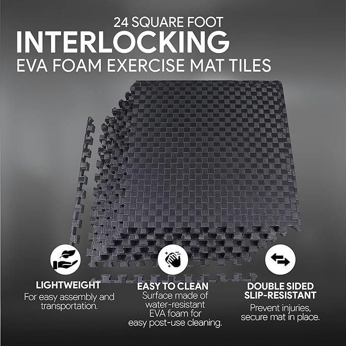 BalanceFrom Puzzle Exercise Mat with EVA Foam Interlocking Tiles for MMA – Exercise – One Inch Thick, 24 Square Feet – Black