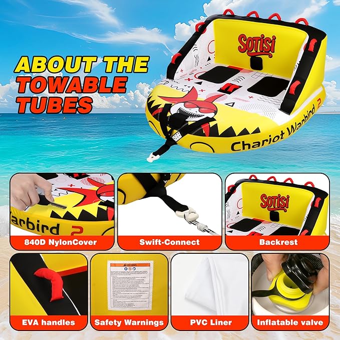 Towable Tube for Boating, 1–2 Person Inflatable Towable Tube with Quick Connect, Heavy Duty 840D Nylon Water Tube for Lake & Water Sports