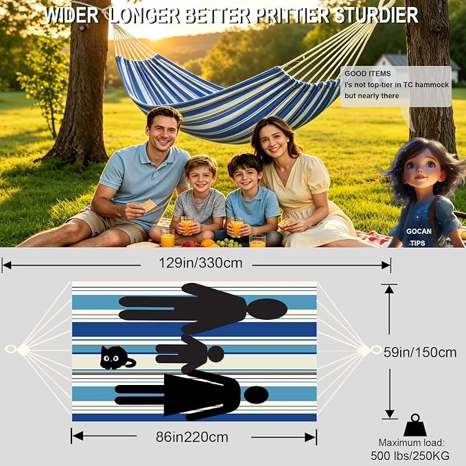GOCAN Double Hammock 2 Person Extra Large 330X150cm Load Capacity 600Pound Canvas Cotton Hammock for Patio Porch Garden Backyard Lounging Outdoor and Indoor XXL