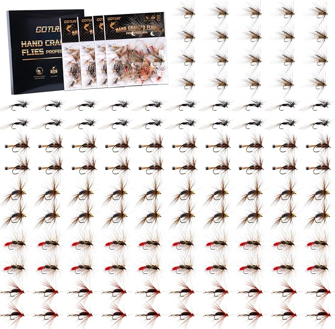 Goture Fly Fishing Flies Kit,25pcs/30pcs/100pcs Fly Fishing Lures,Dry Flies Wet Flies Streamers Nymphs Flies, Fly Fishing Assortment Kit for Bass Trout Salmon Fishing