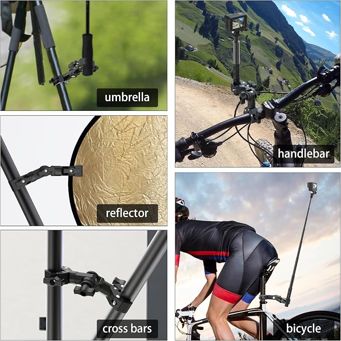 Double Clamp Mount Bracket Magic Arm with 1/4" Screw Interface, Double Super Camera Umbrella Clamp for Chair, Strollers, Photo Studio Light Stand, Motorcycle, Poles, Photography Reflector, Flag