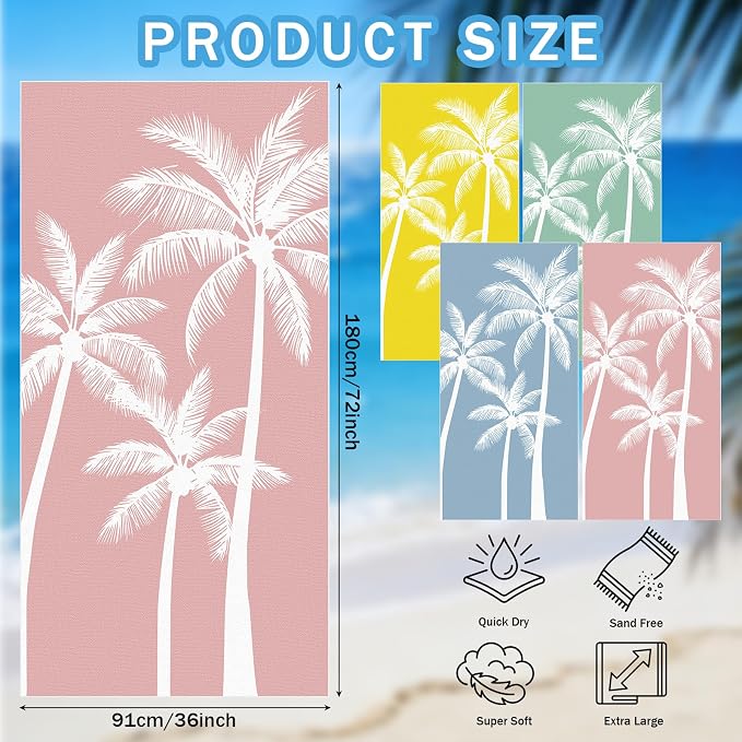 Tegeme 4 Pack Coconut Palm Tree Microfiber Thin Beach Towel Lightweight 72x36 Oversized Extra Large Sand Free Towels Quick Dry for Travel Pool Yoga Sports Beach Accessories Vacation Essential Gift