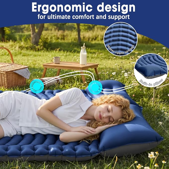 Double Sleeping Pad for Camping - Ultralight Air Mattress with Pillows, Built-in Foot Pump, Compact Inflatable 2-Person Portable Mat for Backpacking, Hiking, Tent, Car Travel, Beach，Road Trip