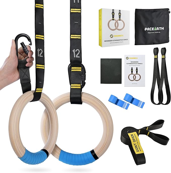 PACEARTH Gymnastics Rings 32mm Wooden Olympic Rings Support 1500lbs Locked Carabiners 9ft Double-Layer Numbered Straps Non-Slip Gym Rings with Foot Straps Door Anchor for Home Gym Full Body Workout