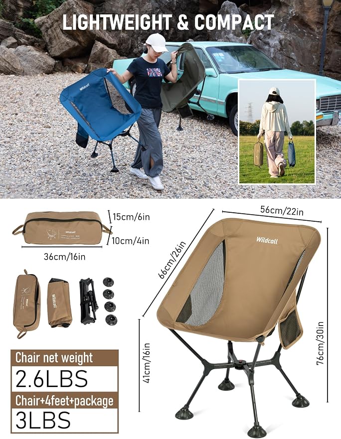WildCall Lightweight Folding Camping Chair Quick Setup Frame Beach Chair Compact Backpacking Chair with Anti-Sink Feet