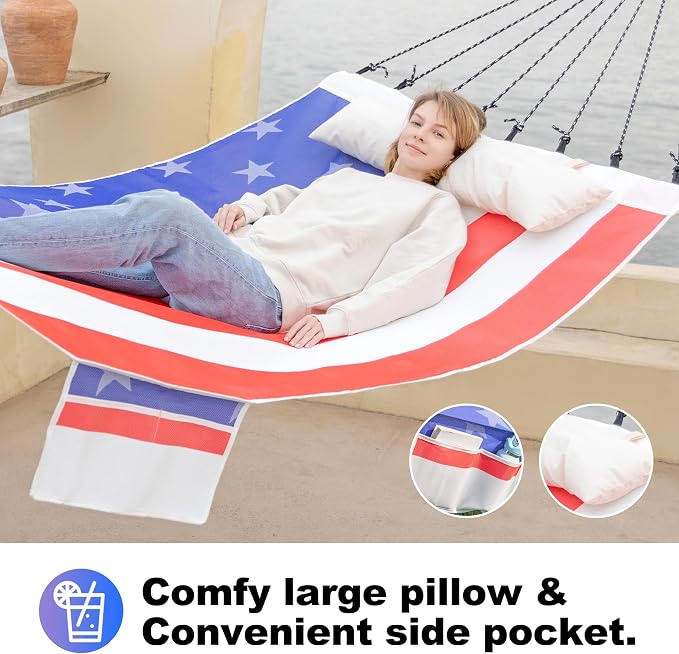 GAFETE 14ft 2 Person Hammock for Outside, Quick Dry Textilene, Portable Hammocks Without Stand with Folding Steel Spreader Bar, Carrying Bag, Tree Straps, Pillow & Sidebag, 550 lbs Capacity (Flag)