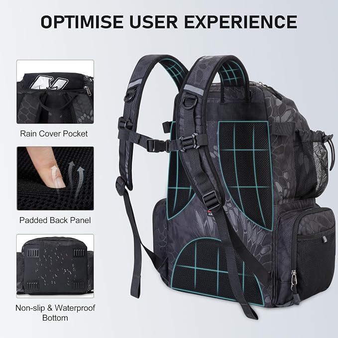 N NEVO RHINO Fishing Tackle Backpack with Rod Holders, 40L Large Fishing Bag with Waterproof Rain Cover,Outdoor Tackle Bag
