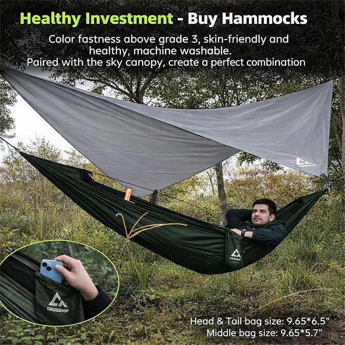 Camping Hammock with Mosquito Net, 2 Person Hammock Bug Net, Portable, Parachute Nylon for Outdoor, Camping, Hiking, Backpacking, Backyard, Beach, Travel (Hold Up to 500lbs) (Forest Green)