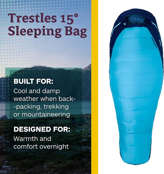 Marmot Women’s Trestles 15° Sleeping Bag | Insulated, Water-Resistant, Left-Zip, French Blue/Harbor Blue