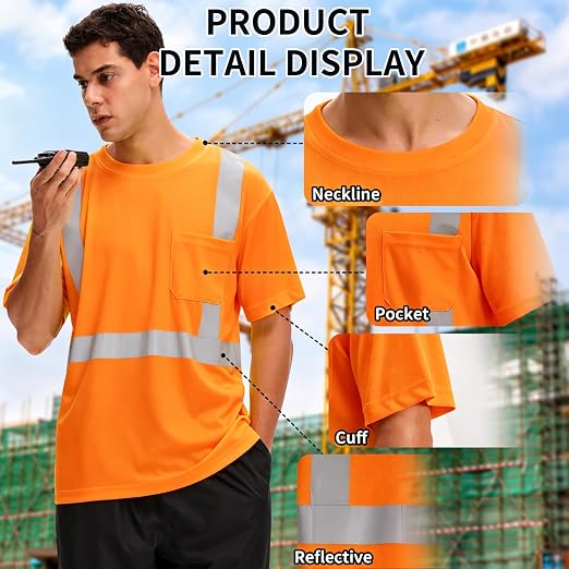 Hi Vis T Shirt Class 3 High Visibility Shirts for Men Safety Shirts with Reflective Strips and Pocket Breathable Construction Work Mesh Short Sleeve