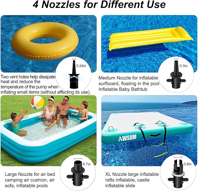 AWSUM 600W Electric Air Pump for Inflatable Gymnastics Mat, 110-120V AC Air Mattress Quick Fill Inflator Deflator Pump, Portable for Pool Floats/Air Bed/Gymnastics/Gym,4 Nozzles