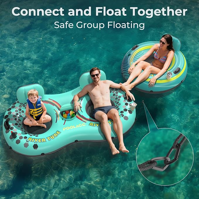 2-Person Inflatable River Tube, Heavy Duty Tube Float for River Pool Lake Beach w/Built-in Cooler & Cup Holders, Ergonomic Backrest, Durable Handles & Grab Rope, 660lb Weight Capacity