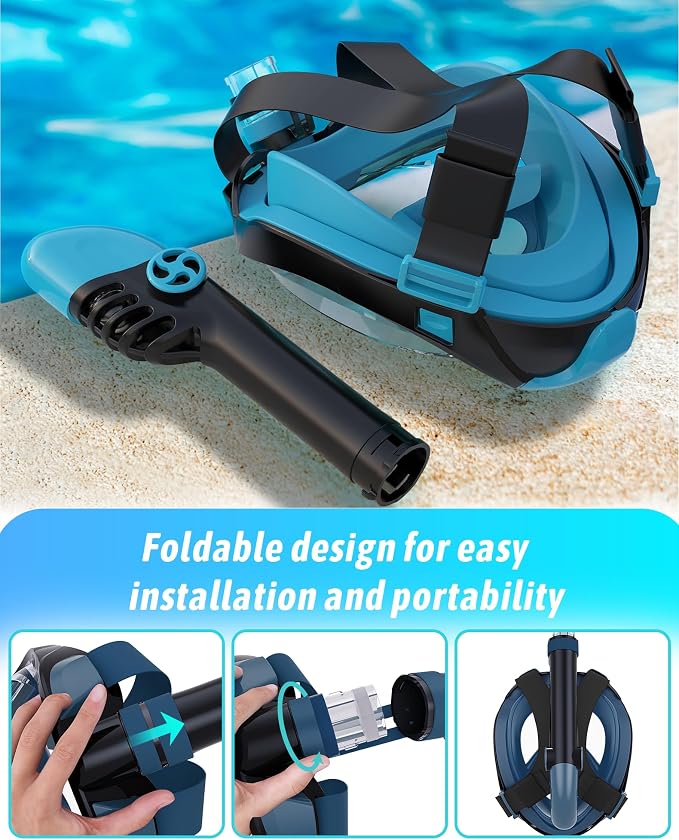 Full Face Snorkel Mask for Adults, 180° Panoramic Anti-Fog Snorkeling Gear with Dry Top System & Camera Mount, Foldable Anti-Leak Design for Travel, Swimming & Ocean Snorkeling