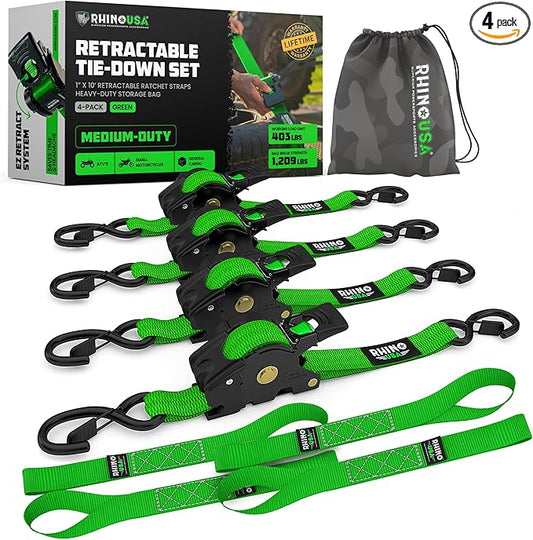 Rhino USA Retractable Ratchet Straps (4-Pack) - 1 Inch x 10 Feet (1,209lb Break Strength) - Auto Self Retracting Tie Down Straps for Truck, Cargo Trailer, Motorcycle, ATV, UTV - Green