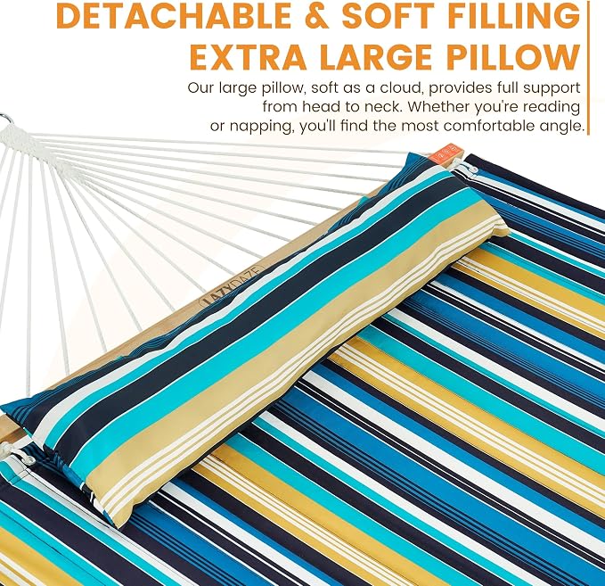 Lazy Daze Hammocks 10.5FT 2 Person Double Quilted Fabric Hammock with Spreader Bar, Detachable Pillow, Side Pocket, Carabiners, Chains, Straps for Outdoor, 450lbs Capacity, Beach Stripes