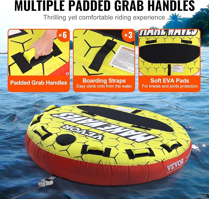 VEVOR Towable Tubes for Boating, 1-4 Riders Inflatable Boat Tubes & Towables, 340-680 lbs Capacity, Multiple Sizes with Full Nylon Cover, Padded/EVA Handles, Fins & Safety Valve (Multi-Option)