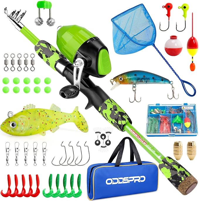 ODDSPRO Kids Fishing Pole - Portable Telescopic Kids Fishing Rod and Reel Combo Kit - with Spincast Fishing Reel Tackle Box for Girls, Youth