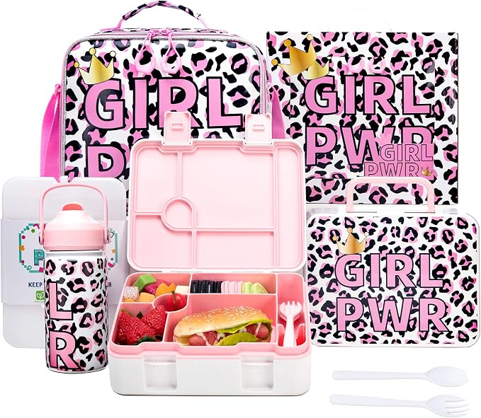Kids Bento Lunch Box with 6 Compartments Girls Lunch Box with Lunch Bag,Leopard Print Stainless Steel Water Bottle,Ice Pack & Utensils Set,Birthday Gifts for Ages 3-12 Back to School Toddler Girls