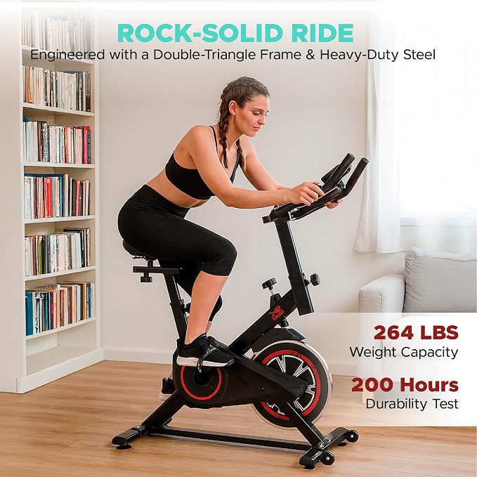 Stationary Exercise Bike for Home, Indoor Cycling Bike with Silent Belt Drive, Adjustable Seat & Resistance, LCD Display, iPad Holder, 264 LBS Weight Capacity