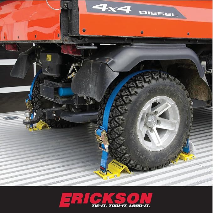 Erickson Wheel Chock Tie-Down Kit, 2 in x 7.5 ft, Double Slotted E-Fitting, Fits 10 in-30 in Tires, 1500 lb Ratchet Straps - Secures ATV, UTV, SxS, Mower & More
