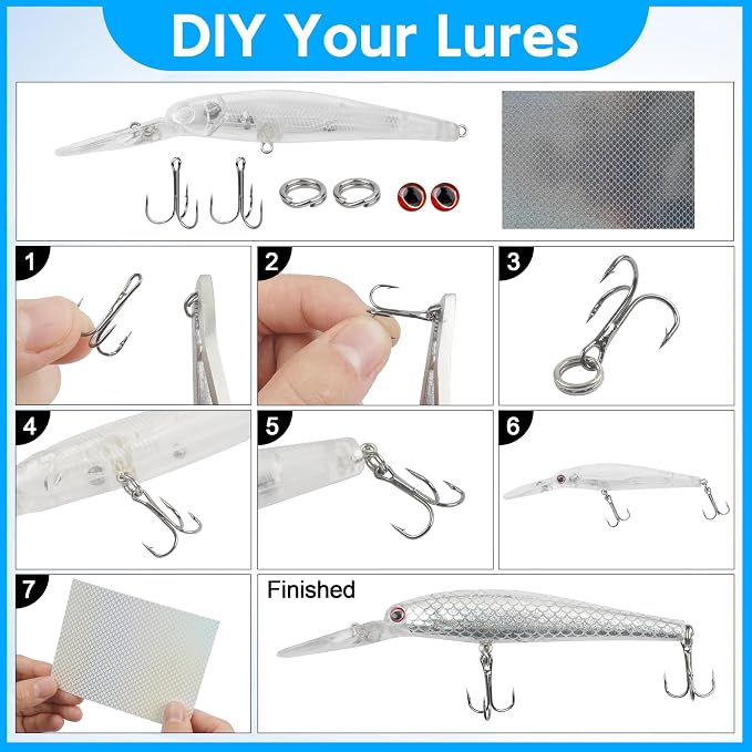 Unpainted Fishing Lures DIY Minnow Kit - 280/363pcs Blank Hard Crankbait Set Pliers Scissors,Treble Hooks,Split Rings,Stickers,3D Eyes for Making Lures DIY Fishing Tackle Kit