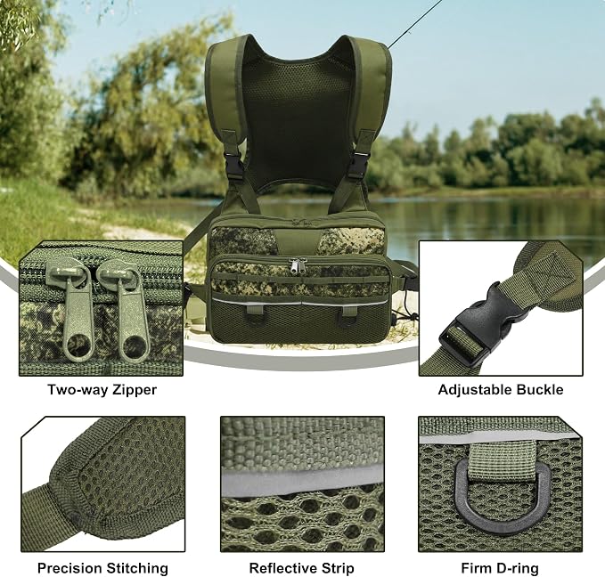 MYDAYS Fishing Chest Pack, Fly Fishing Bag for Men and Women, Tackle and Fly Boxes Storage Pack, Hunting Binocular Pack (Green)
