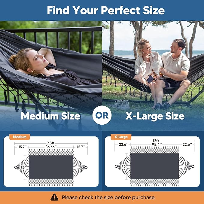 SUNCREAT Extra Large Double Hanging Hammock for Camping, Hammocks for Outside 2 Person Heavy Duty, Dark Gray with Tassels