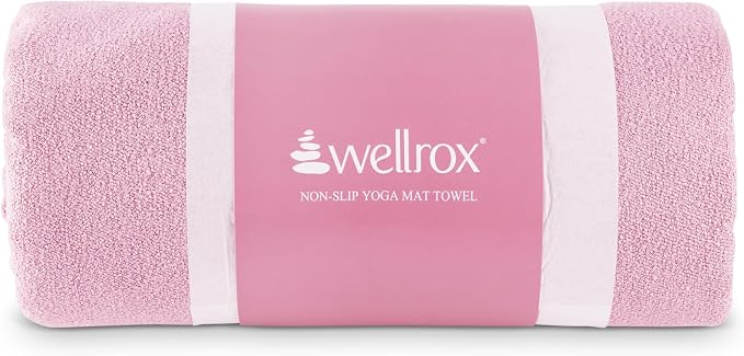 Wellrox Microfiber Yoga Mat Towel with Grip – Ultra Absorbent, Super Soft, and Quick Dry Hot Yoga Towel Non Slip for Pilates, Bikram, and Fitness Workouts (74” x 26”, Pink)