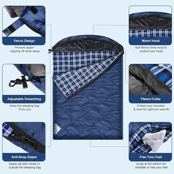 Cotton Flannel Double Sleeping Bag with Fleece Lined Hood, Waterproof Queen Size 2 Person Sleeping Bag for Adults Cold Weather Camping Backpacking or Hiking, 3-4season