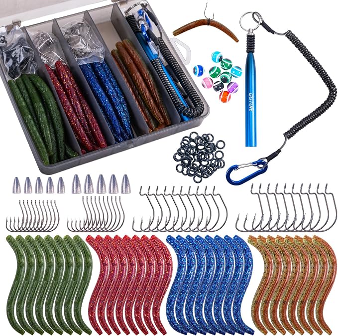 Goture 143pcs Wacky Worm Fishing Lure Kit,Bass Fishing Wacky Rig Tool Kit | Includes 4in/5in Soft Plastics Lures, Rig Tool, O-Rings, Worm Hooks, Drop Shot Hooks, Tackle Box