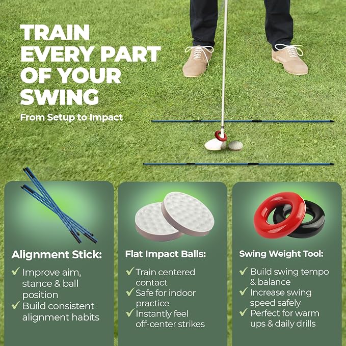 6-in-1 Golf Swing Trainer with Divot Board, Golf Grip Trainer, Alignment Sticks and Training Aid | Golf Accessories for Men & Women | Hitting Mat Practice Indoor & Outdoor