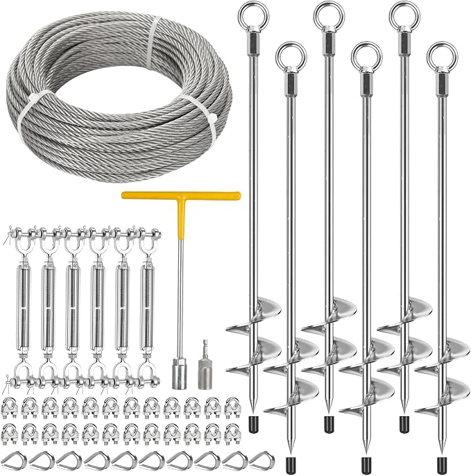 Ground Anchors Heavy Duty for High Wind Tie Down, 6 Pack 30" Shed Anchor Kit with1/4 Stainless Steel Cable & 6 Turnbuckles, Screw-in Trampoline Anchors for Swingset Carport Canopy Gazebo