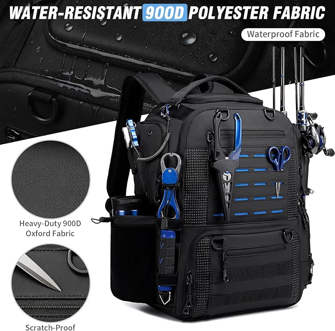 Fishing Tackle Backpack with Tackle Boxes, Two Rod Holders, Bottle Holder, 50L Waterproof Tackle Bag for Fishing Gear, Fish Gifts for Men, Black (4 Tackle Boxes Included