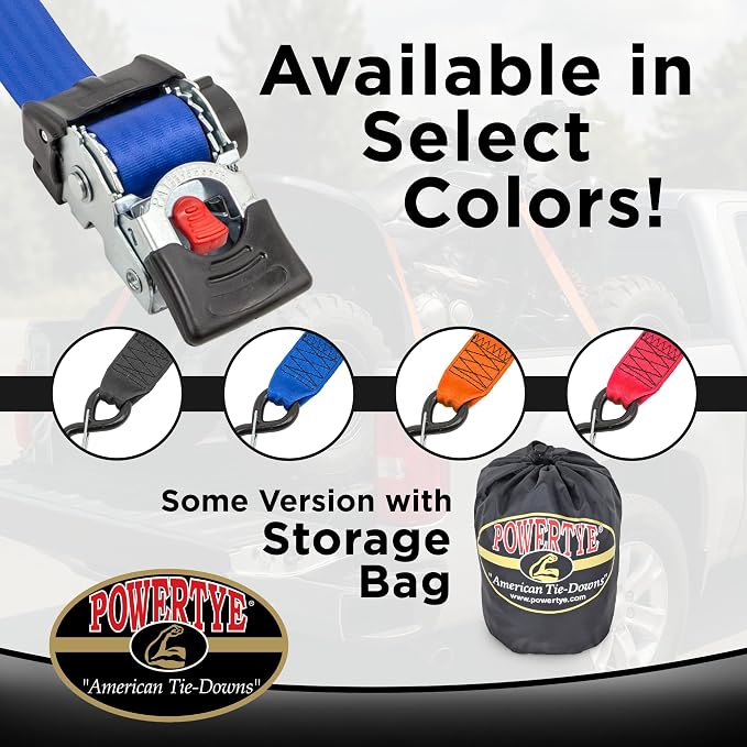 PowerTye - 2 inch x 10ft Long Retractable Ratchet Tie Down Strap with Latch-Hooks - Self-Retracting Ratchet, 800 lb W.L.L., Ideal for Motorcycle, ATV, Cargo, Includes Bag & Soft-Tyes, Black (Pair)