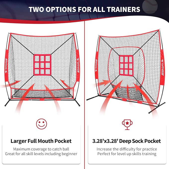 BAGAIL 7x7 ft Extra Large Baseball & Softball Training Net with Batting Tee, Heavy Duty Reinforced Steel Frame, Oversized Hitting Zone for All Levels, Portable Backstop with Carry Bag