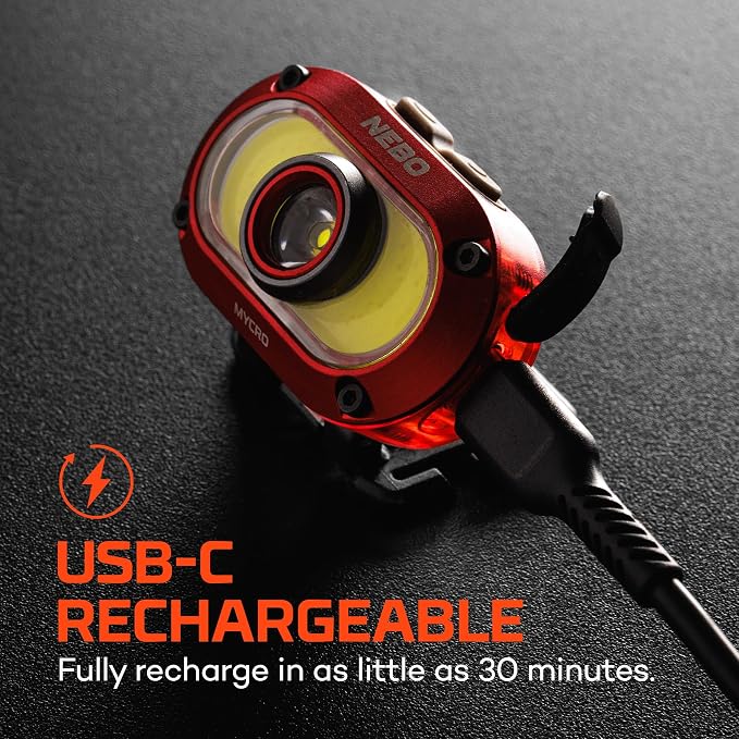 NEBO MYCRO 550+ Headlamp | 550 Lumens, 7 Light Modes, White & Red Light with Spot & Flood, USB-C Rechargeable, Water Resistant, Cap Light Convertible, Bright Light for Camping & Hiking – Red