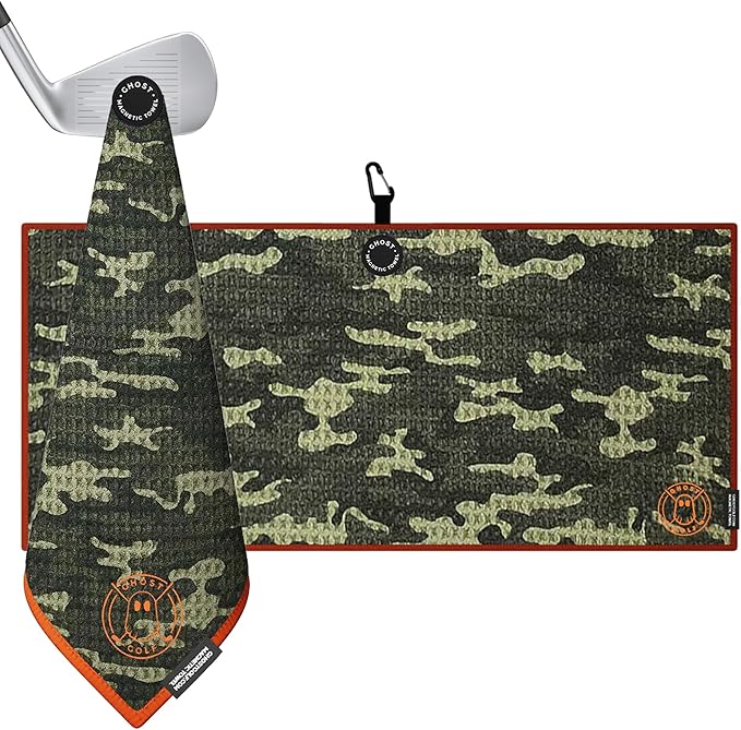 Ghost Golf Magnetic Towel (Caddie) - Premium Ultra-Absorbent Microfiber Golf Towel with Magnet for Golf Carts or Clubs - 18" x 40" Golfing Gear - Waffle Weave Pattern (Forest Camo)
