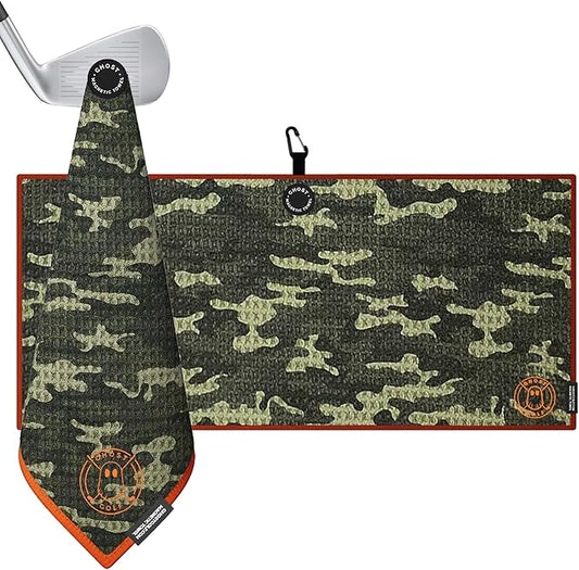 Ghost Golf Magnetic Towel (Caddie) - Premium Ultra-Absorbent Microfiber Golf Towel with Magnet for Golf Carts or Clubs - 18" x 40" Golfing Gear - Waffle Weave Pattern (Forest Camo)